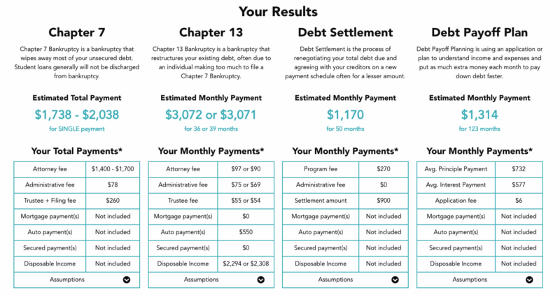Bankruptcy quiz showing your different options and the costs