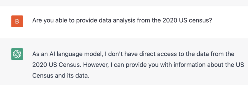 Picture shows a question to ChatGPT about whether it can provide data analysis on 2020 Census.