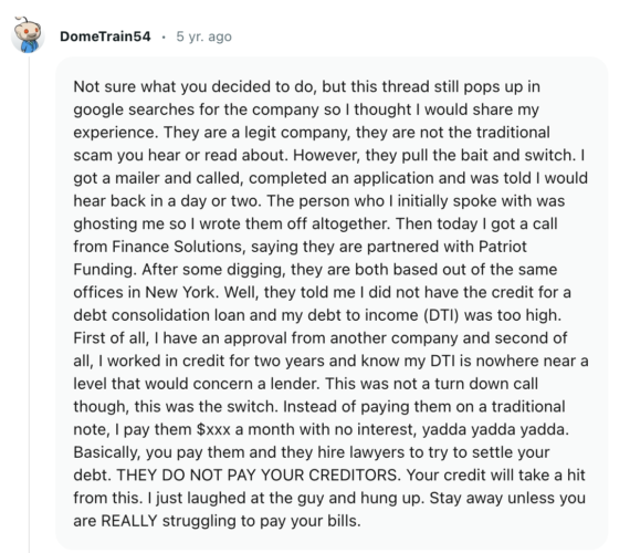 A reddit review of Patriot Funding.