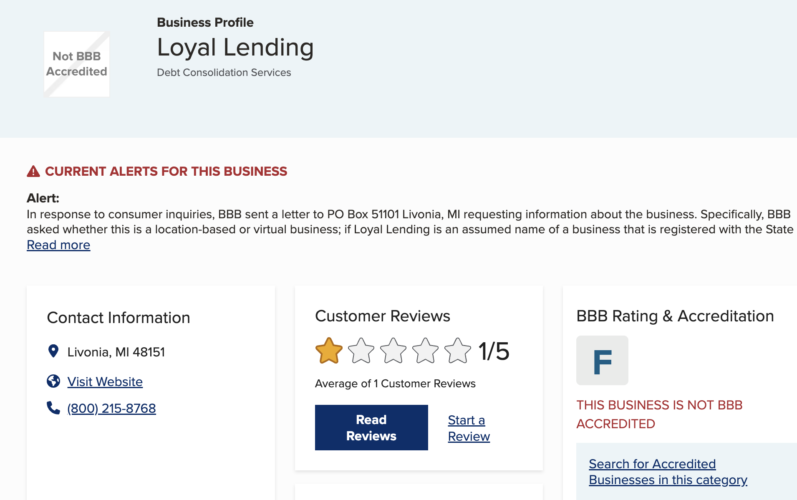 Picture of the Loyal Lending BBB page.