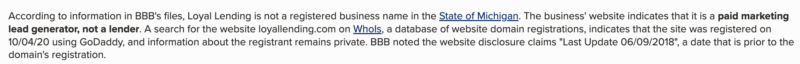 BBB stating that this company is a paid lead generator.