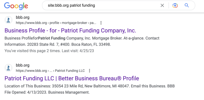 Patriot Funding search for its BBB page, which I could not find.