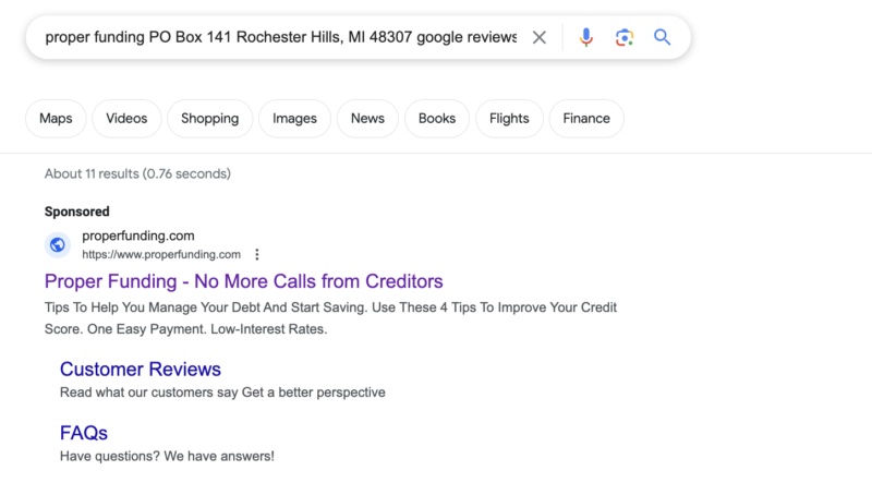 Proper Funding Google search for Google reviews comes up without any results for Google reviews.