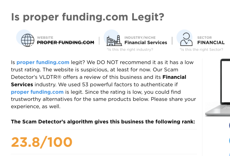Scam Detector gives Proper Funding a 23.8 trust score per this picture.