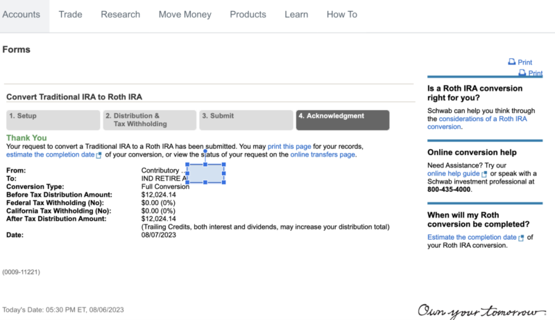 Step 18 - Screenshot of Schwab Backdoor Roth IRA conversion