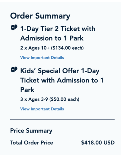 Disneyland $50 tickets price total shows $418.