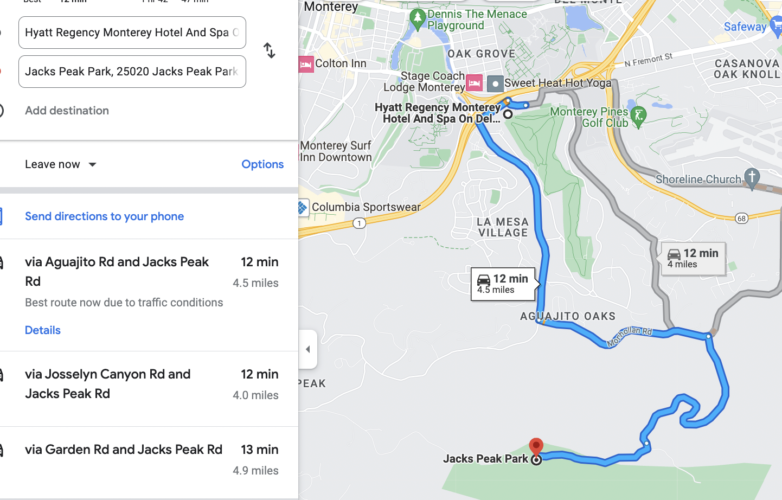 Google map between Hyatt Regency Monterey and the Jack Peaks Park.