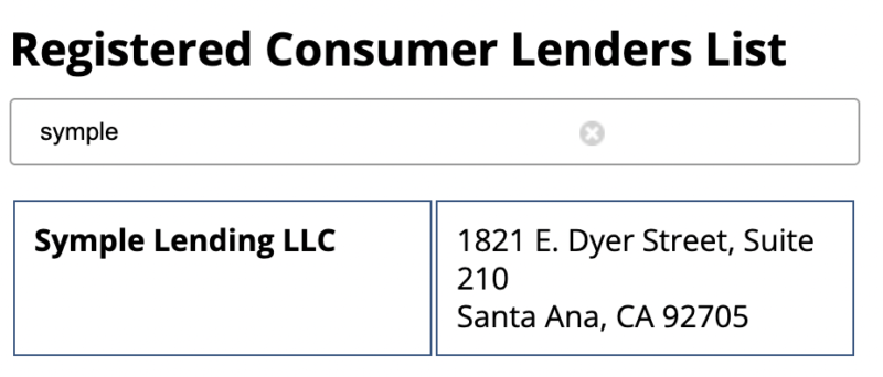 Symple lending appears to be a registered consumer lender.