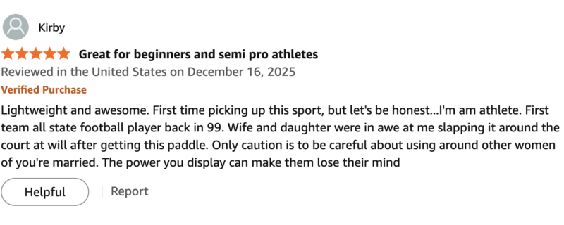 Picture of Doctor Pickleball Amazon 5 star review.